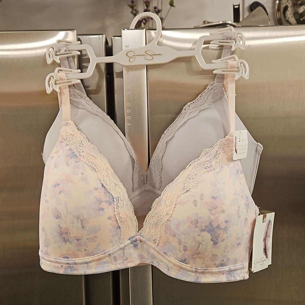 💕JESSICA SIMPSON💕 Wirefree Bras (2 Pack) Pink Floral & Gray 34C NWT
